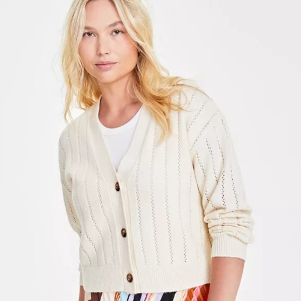 Macys Women's Pointelle-Stitch Cardigan XS Alabaster